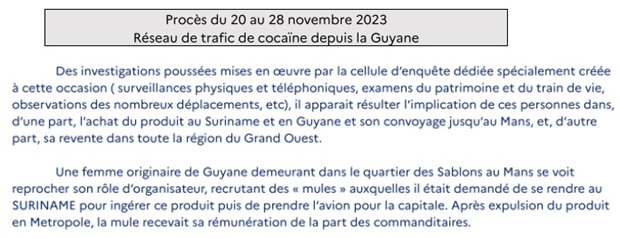 21 personnes suspectées dans un trafic de cocaïne entre la Guyane et Le Mans, 15 prévenu(e)s, pour la plupart Guyanais, dont 13 en détention face aux juges : fournisseurs, commanditaires, convoyeurs et revendeurs…