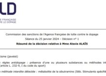 Triple championne de France, Alexie Alais suspendue 18 mois par l’AFLD, positive au sibutramine, un coupe-faim proche des amphétamines, la championne impute un complément alimentaire brésilien