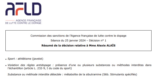 Triple championne de France, Alexie Alais suspendue 18 mois par l’AFLD, positive au sibutramine, un coupe-faim proche des amphétamines, la championne impute un complément alimentaire brésilien